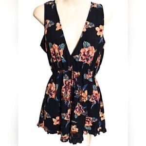 Agaci Navy Blue Lace up Back Floral Ruffle Trim Elastic Waist V-neck Romper L